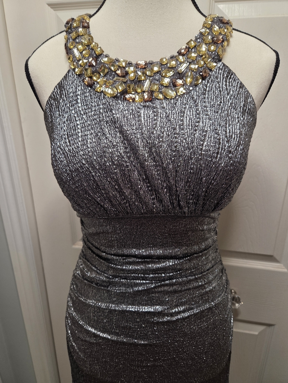 Cachet Stunning Metallic Halter Goddess Evening Gown with Jeweled Neckline